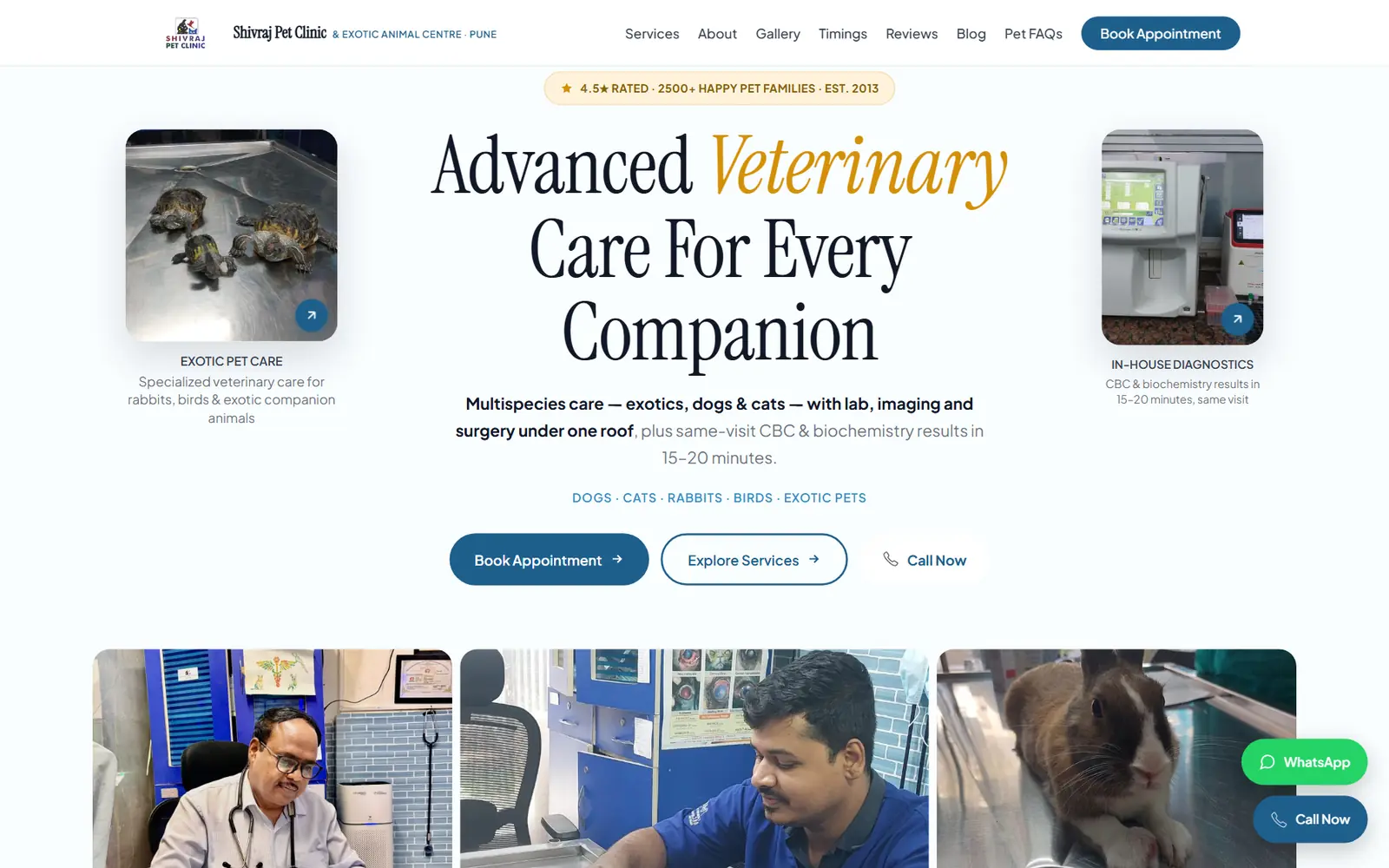 Homepage of shivrajpetclinicpune.com: the headline ‘Advanced Veterinary Care For Every Companion’ with Book Appointment and Explore Services buttons, flanked by exotic pet care and in-house diagnostics panels.
