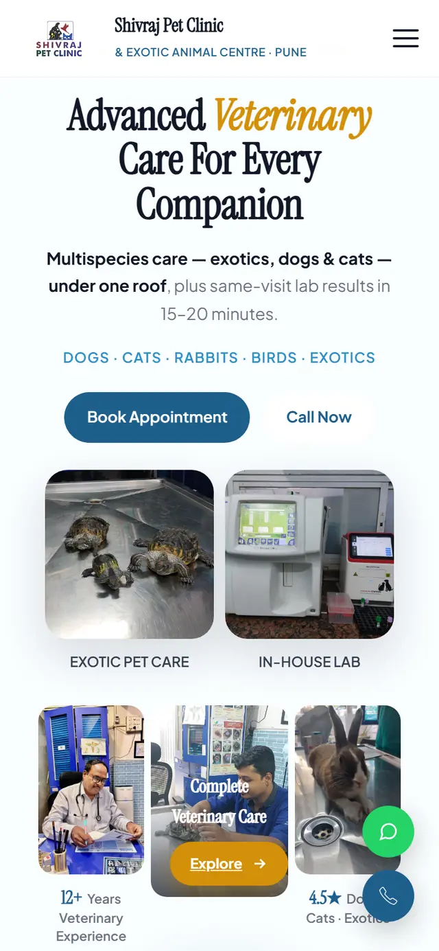 Mobile homepage of shivrajpetclinicpune.com showing the clinic’s headline and booking actions.